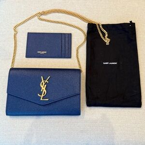 YSL Blue Leather Wallet on Chain